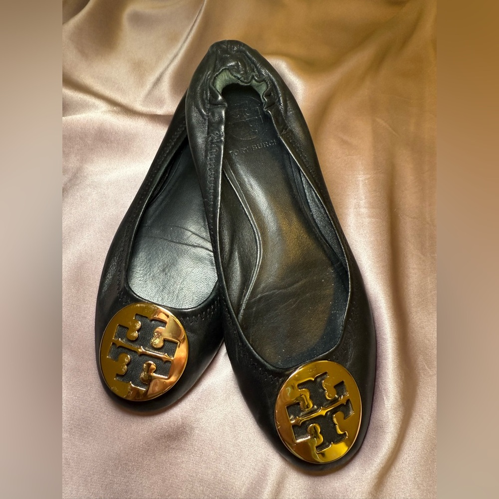 Tory Burch Black Leather Ballet Flats with Gold Logo Medallions